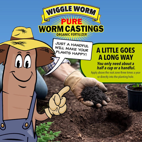 Person adding 100 Percent Pure Organic Worm Castings Fertilizer to soil with mascot character, promoting plant growth and fertility.
