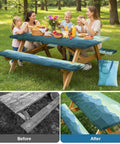 Three Piece Waterproof Picnic Table Cover Set With Bench Covers And Storage Bag For 72 Inch Tables, ideal for RV camping outdoors.