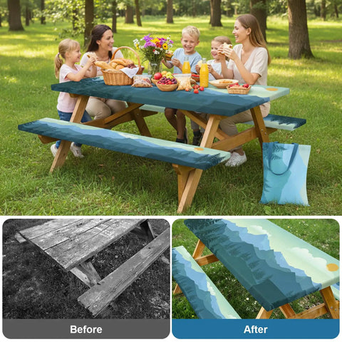 Three Piece Waterproof Picnic Table Cover Set With Bench Covers And Storage Bag For 72 Inch Tables, ideal for RV camping outdoors.