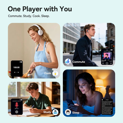 People using Bluetooth Mp3 Player With Auto Reconnect Five Point Four One Point Eight Inch Screen 64GB Memory in different settings.