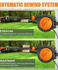 Heavy Duty Five Eighth Inch By 75 Foot Retractable Garden Hose Reel Wall Mount With 10 Pattern Nozzle in use showing lock and rewind