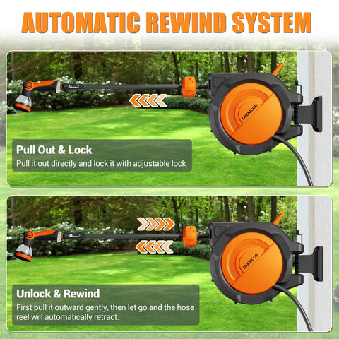 Heavy Duty Five Eighth Inch By 75 Foot Retractable Garden Hose Reel Wall Mount With 10 Pattern Nozzle in use showing lock and rewind