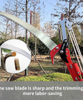 Extendable Tree Pruner Saw Head with 13.5 inch SK5 high carbon steel blade shown in use trimming a tree branch.