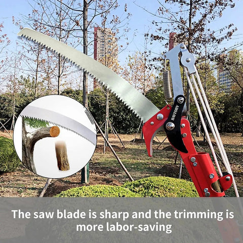 Extendable Tree Pruner Saw Head with 13.5 inch SK5 high carbon steel blade shown in use trimming a tree branch.