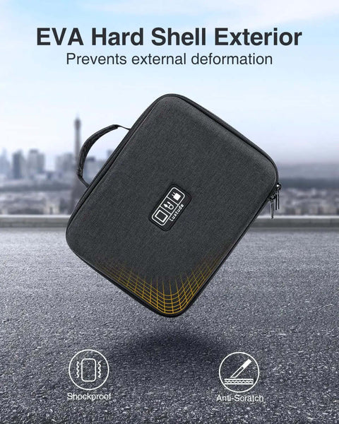 Large Electronic Organizer Travel Case With Hella Roomy Interior Rock Hard Shell Eva Protection For Chargers Cables And Tablets Up To 11 Inches showing EVA hard shell exterior.
