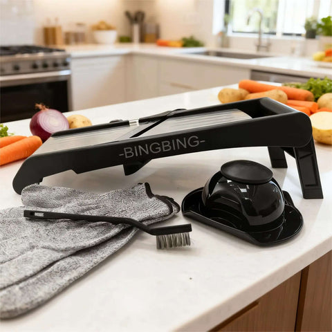 Adjustable Stainless Steel Mandoline Slicer For Kitchen Vegetables With 7 In 1 Blades, gloves, pusher, brush, on kitchen counter