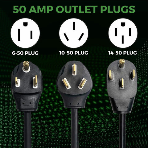50 Amp outlet plugs including 6-50, 10-50, and 14-50 types for Level 2 Electric Vehicle Charging Station 50 Amp Adjustable 30 Ft Cable 220 Volt Nema 14-50p Plug.