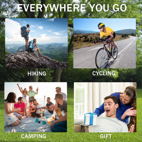 Collage showing hiking, cycling, camping, and gift moments; promotes Waterproof Wireless Bluetooth Speaker Watch With FM Radio MP3 Player TWS Pairing Selfie Remote Ultra Long Standby Time Colorful Light Modes Grab And Go Dope Portable Red Wristband For Running Hiking Cycling And More