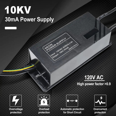 High Power Neon Sign Transformer For Glass Neon Lights 10KV 30mA Power Supply 120V AC indoor use, low EMI, black metal case