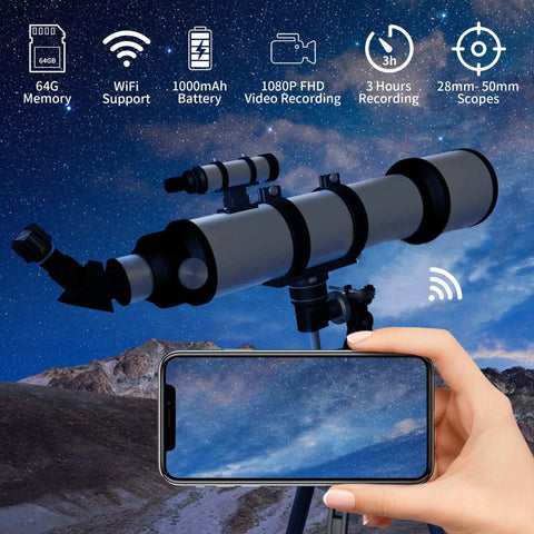 Wireless Telescope Eyepiece Camera With 64GB Memory, 1.5 Inch LCD Screen, Remote WiFi Viewing, Astronomy Camera Fits 28mm To 50mm Scopes