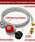 Propane regulator hose with gauge, 5 ft braided stainless steel, front view, 0–30 PSI, QCC1/Type1 connector
