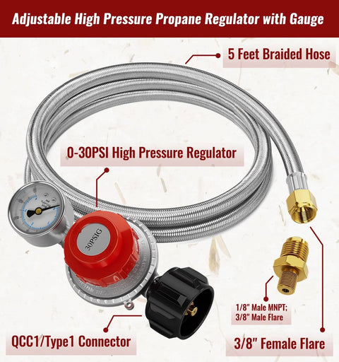 Propane regulator hose with gauge, 5 ft braided stainless steel, front view, 0–30 PSI, QCC1/Type1 connector