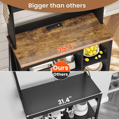Comparison of 35.4 inch coffee bar cabinet with power outlet and storage vs smaller cabinet, highlighting size difference.