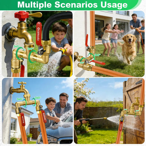 360 Degree Rotating Garden Hose Splitter With Independent Valves, 3/4 Inch GHT Brass High Flow Splitter, Heavy Duty Faucet Attachment For Outdoor Yard, Swivel Heads For Easy Hose Management on outdoor faucet