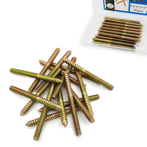 Top Shelf Heavy Duty Rock Solid 16 Pack 5/16 X 3 1/2 Inch Hanger Bolts double ended wood dowel screws on white background.