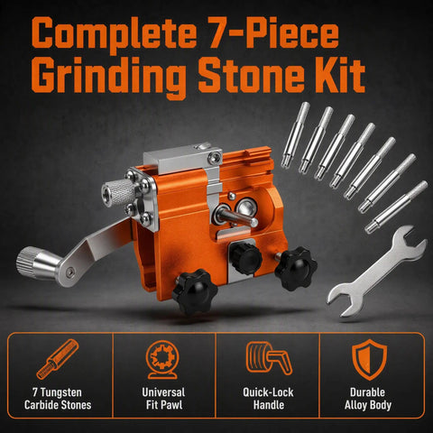 No Sweat Manual Chainsaw Sharpener Kit Featuring Seven Precision Grinding Stones And A Foolproof Guide For Four To Twenty Two Inch Chains with metal components.