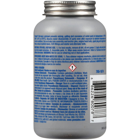 Permatex 80078 anti-seize lubricant bottle with brush-top, 8 oz; gray plastic bottle with blue label, back view.