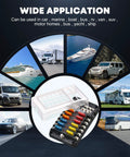 12V Marine Fuse Block With Waterproof Housing And LED Indicator, Includes 30 Fuses From 5A To 25A, Easy Diagnostics For Boat RV Car Truck, Built Tough 12V 24V Electrical Panel And Fuse Box Holder shown with application examples in vehicles