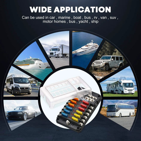 12V Marine Fuse Block With Waterproof Housing And LED Indicator, Includes 30 Fuses From 5A To 25A, Easy Diagnostics For Boat RV Car Truck, Built Tough 12V 24V Electrical Panel And Fuse Box Holder shown with application examples in vehicles