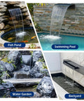 Various uses of Pond Waterfall Kit With 850 GPH Pump 12 Inch Stainless Steel Spillway in gardens, pools, and ponds.