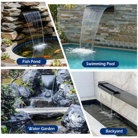 Various uses of Pond Waterfall Kit With 850 GPH Pump 12 Inch Stainless Steel Spillway in gardens, pools, and ponds.