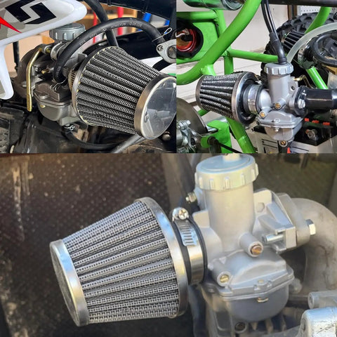 Three views of carburetor upgrade for Baja 50cc to 125cc ATVs and dirt bikes compatible with Taotao SunL Roketa and more