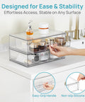 Clear Stackable Storage Drawers 2 Pack Wide Plastic Organizers on bathroom counter with easy-grip handle and cosmetics.