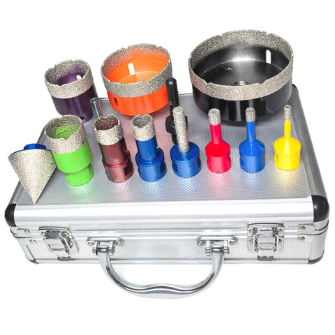 Heavy Duty Diamond Hole Saw Kit Cuts Smooth As Silk For Tile Ceramic Porcelain Stone 13 Piece Core Drill Bit Set with multiple sizes.