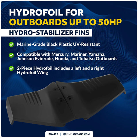 Hydrofoil For Outboard Motor And Stern Drive Up To 50HP Hydro Stabilizer Fins Black with marine-grade UV-resistant plastic.