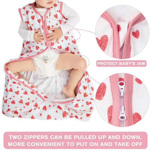 3-Pack Baby Sleep Sack 0-6 Months 100% Rayon Cotton Wearable Blanket With 2-Way Zipper Lightweight TOG 0.3 heart pink design