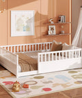 Queen Montessori Floor Bed With 21.46-Inch Wraparound Guardrails, white, in cozy child's room with colorful rug