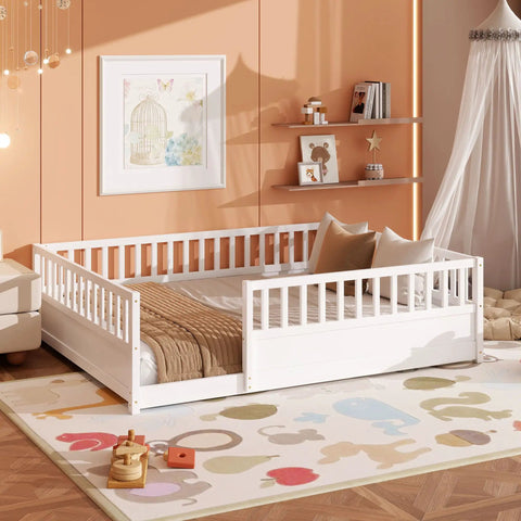 Queen Montessori Floor Bed With 21.46-Inch Wraparound Guardrails, white, in cozy child's room with colorful rug