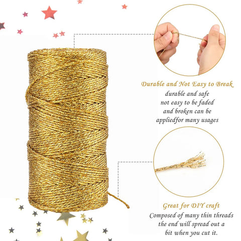 Decorative Metallic Bakers String Gold Twine 110 Yards 1.5mm Inelastic Glitter String for DIY Crafting Gift Wrapping