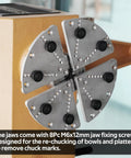 Lathe Chuck Jaws Set With Cole Jaws, 10 Inch And 5 Inch Extensions, close-up of mounted metallic jaws and screws