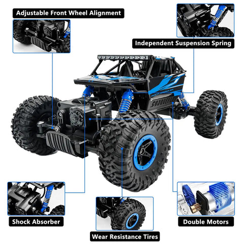 One Eighteen Scale Rock Crawler Remote Control Car With Four Wheel Drive And Two Point Four GHz Off Road Monster Truck Dual Battery Setup Blue Finish For Rugged Trails Pebbles And Dirt, showcasing adjustable front wheel alignment, independent suspension, and shock absorbers.