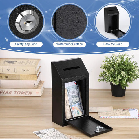 Lockable Cash Drop Box With Slot For Farm Stand Sales Office Or Home, Rugged Metal Money Box Open Showing Inside Contents