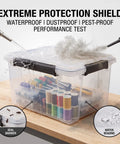 Kickass Heavy Duty 19 Quart Storage Bin With Airtight Gasket Lid Clear Stackable Plastic Crate undergoing waterproof and dustproof test.