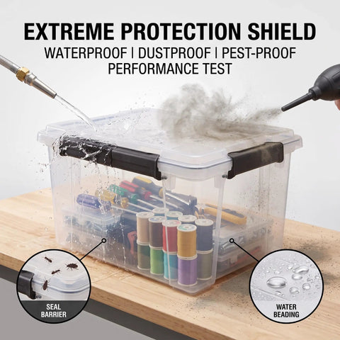 Kickass Heavy Duty 19 Quart Storage Bin With Airtight Gasket Lid Clear Stackable Plastic Crate undergoing waterproof and dustproof test.
