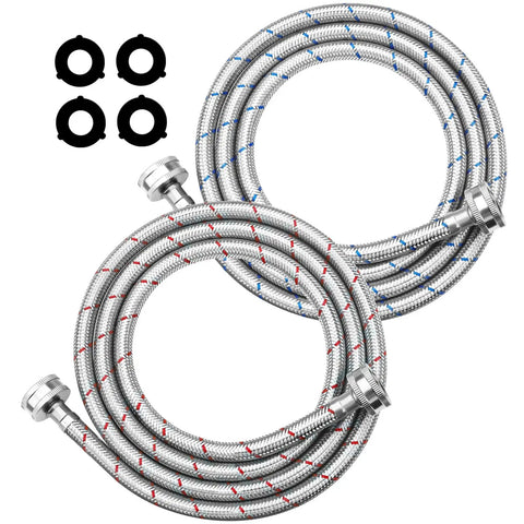 6 Foot Stainless Steel Washing Machine Hose 2 Pack Burst Proof Braided Hoses For Hot And Cold Water Supply Fit All Washers Red And Blue Durable Dual Braided Lines With 10 Year Warranty.