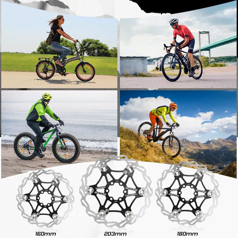 Cyclists on bikes with Ultra Lightweight Floating Disc Brake Rotor For Mountain Bikes And Road Bikes, 160Mm, 180Mm, 203Mm.