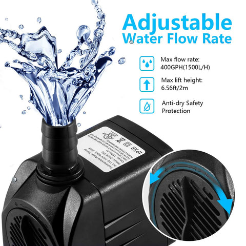Fountain Pump Kit Two Pack 400 GPH Submersible Water Pump With adjustable water flow and anti-dry safety protection