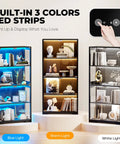 4 Tier Glass Display Cabinet With Pop Up Doors And Motion Sensor, Black Curio Display Case showcasing LED lights in 3 colors