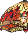Close-up of stained glass pendant light with red dragonfly jewels, 14 inch wide old school vintage look for dining room kitchen living room