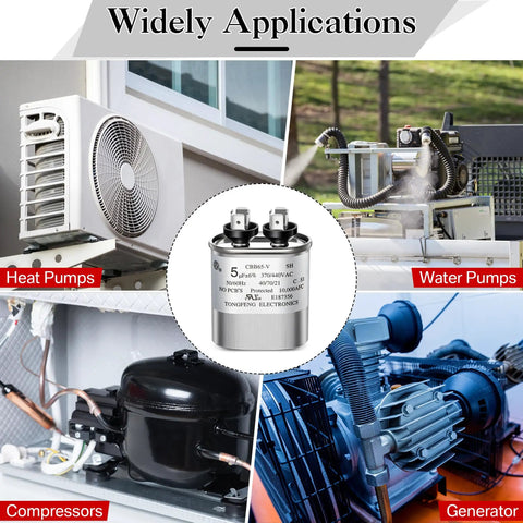 5uF Dual Run Oval Capacitor 370 To 440VAC CBB65-V for air conditioners in heat pumps, water pumps, compressors, and generator