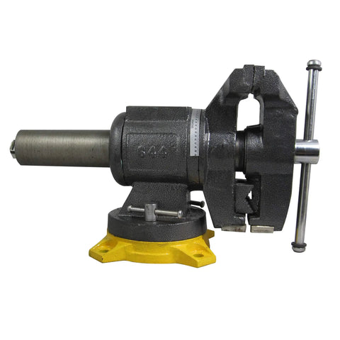 Side view of Multipurpose Vise With 5-Inch Wide Jaws Built-In Anvil 360-Degree Rotating Base Reinforced 4-Lug Mount