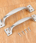 Two stainless steel furniture handles with screws on wood, part of the Stainless Steel Furniture Handles Set for Cabinets and Drawers, Vintage Style Door Pulls for Wardrobe and Garage Cabinets, 4.9 Inch Length, Durable Solid Metal Knob Hardware, 5 Pack.