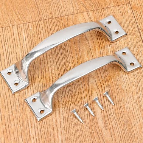 Two stainless steel furniture handles with screws on wood, part of the Stainless Steel Furniture Handles Set for Cabinets and Drawers, Vintage Style Door Pulls for Wardrobe and Garage Cabinets, 4.9 Inch Length, Durable Solid Metal Knob Hardware, 5 Pack.