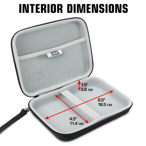 USA Gear Laser Measurement Tool Hard Case with interior dimensions displayed, featuring mesh pocket and measuring lines.