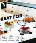 Kitchen counter with 30 Piece Glass Food Storage Containers Set With Lids For Meal Prep And Leftovers filled with food