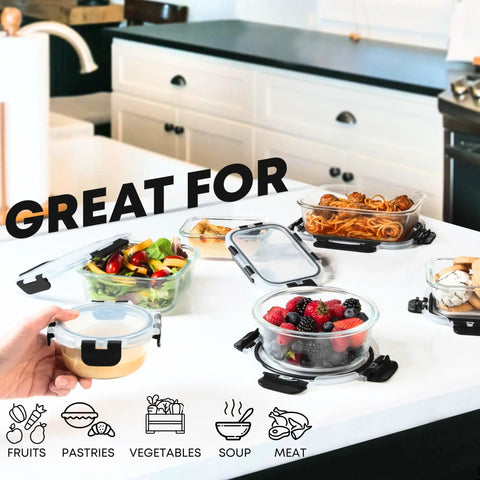 Kitchen counter with 30 Piece Glass Food Storage Containers Set With Lids For Meal Prep And Leftovers filled with food